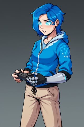 Anime, score_9, score_8_up, score_7_up,BREAK, 1girl, Tari, Blue Hoodie, tan pants, Mechanical Arm, Blue Hair, Glowing Eyes, Videogame Controller