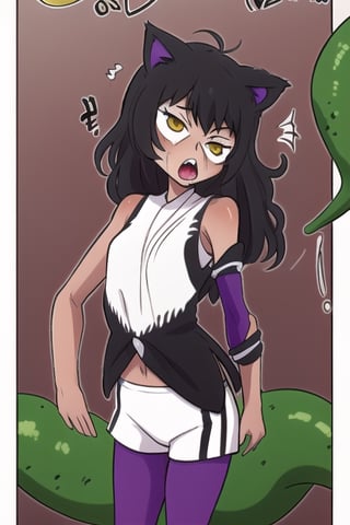 1girl, solo, Blake belladonna, cat ears, sleeveless shirt, detached sleeve, pantyhose, legwear under white shorts, Energy drain,Mummy,Slender, oversized clothes, melting, wrinkly, A girl has a green tail stuck to her.,green tail,