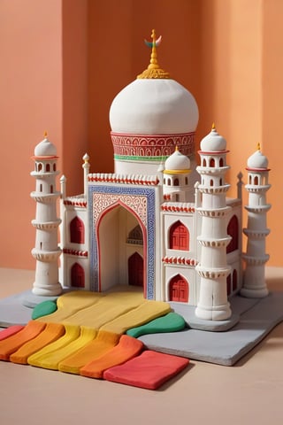 Taj Mahal in a realistic model made entirely of plasticine, minimal architectural details very meticulously detailed, very realistic material texture, perfect shadow projection, perfect light effects and contrast, realism pushed to the extreme, perfect intrinsic details, different tones of material achieving unparalleled harmony and realism, masterpiece, divine, cinematic, ultrarealistic, hyperrealistic,play-doh style,sculpture, clay art, centered composition, Claymation,claymation,detailed background leaving room for the central image,sharp focus,Building, 