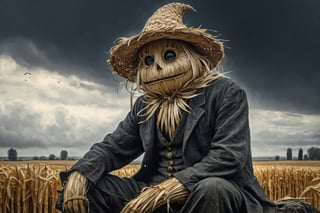 hiperrealistic style,professional ink painting,grunge,hiperrealistic, straw man sitting on a rock in a thoughtful posture,made entirely of fine straw, button big  eyes, velvet top eerie hat, detailed peasant clothing, looking at an ear of corn,dark look, a corn field in the background, clouds, amazing face detailed,mysterious, dark and mystical atmosphere, environmental particles floating carbonicas: 1.9, very detailed hat, realism pushed to the extreme, masterpiece, full shot, fear, mouth with seam, wind blowing, elements such as leaves and dust flying, dramatic,,4k,volumetric,insane detailed anatomy,LegendDarkFantasy,