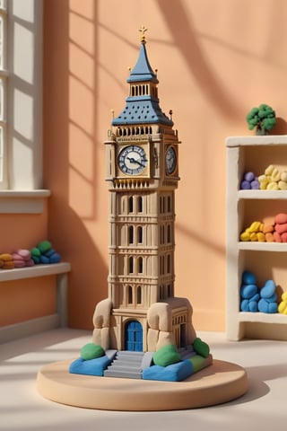 Big Ben in a realistic model made entirely of plasticine, minimal architectural details very meticulously detailed, very realistic material texture, perfect shadow projection, perfect light effects and contrast, realism pushed to the extreme, perfect intrinsic details, different tones of material achieving unparalleled harmony and realism, masterpiece, divine, cinematic, ultrarealistic, hyperrealistic,play-doh style,sculpture, clay art, centered composition, Claymation,claymation,detailed background leaving room for the central image,sharp focus,Building