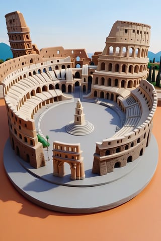 The Colosseum in Rome in a realistic model made entirely of plasticine, minimal architectural details very meticulously detailed, very realistic material texture, perfect shadow projection, perfect light effects and contrast, realism pushed to the extreme, perfect intrinsic details, different tones of material achieving unparalleled harmony and realism, masterpiece, divine, cinematic, ultrarealistic, hyperrealistic,play-doh style,sculpture, clay art, centered composition, Claymation,claymation,detailed background leaving room for the central image,sharp focus,Building,photorealistic