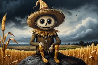 hiperrealistic style,professional ink painting,grunge,hiperrealistic, straw man sitting on a rock in a thoughtful posture,made entirely of fine straw, button big  eyes, velvet top eerie hat, detailed peasant clothing, looking at an ear of corn,dark look, a corn field in the background, clouds, amazing face detailed,mysterious, dark and mystical atmosphere, environmental particles floating carbonicas: 1.9, very detailed hat, realism pushed to the extreme, masterpiece, full shot, fear, insane clothes detailed,effects ligths and shadows perfect,mouth with seam, wind blowing, elements such as leaves and dust flying, dramatic,,4k,volumetric,insane detailed anatomy,LegendDarkFantasy, in the style of esao andrews