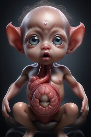 surreal style,professional  photo realistic, fetus with 1 month  inside a uterus, hybrid demon and virus creature, complex and wonderful anatomical details, eyes with great details, rare and perfectly detailed umbilical cord, minute organic details, 8k, hyperrealism, masterpiece, background of blurred silhouettes representing everyday scenes, amazing eyes,perfect play of light and shadow contrasts, work done by an international award-winning professional draftsman