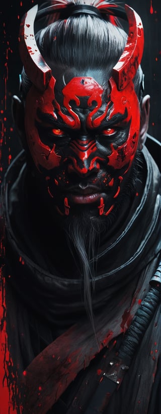  A 16k poster with of ONI RONIN extremely detailed eyes and face,portrait,bloody face,open flesh wounds,scary creepy,grisly ominous,painted with vibrant oils, cyberpunk art by Maciej Kuciara, cgsociety, deconstructivism, darksynth, behance hd, dystopian art, illustration