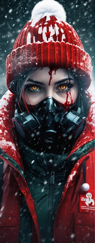 christams style. Overlay christmas type. A 16k poster with of Biohazard in the christmas spirit extremely detailed eyes and face,, christmas hat, snow,,full body, bloody face,open flesh wounds,scary creepy,grisly ominous,painted with vibrant oils, art by Maciej Kuciara, cgsociety, deconstructivism, darksynth, behance hd, dystopian art, illustration