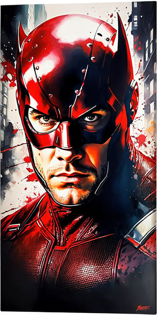  A brutal 16k poster with of "Daredevil(Marvel)", extremely detailed eyes and face, wide angle portrait, painted with vibrant oils,monster