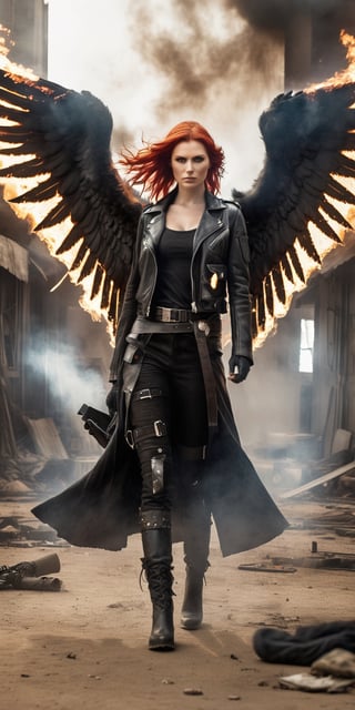 best quality,ultra-detailedThe Angels of Death(red Hair)(angel wings) are a team of religious vigilantes put together by Ra's al Ghul.),post-apocalyptic,comic book style,gritty,weapons,vibrant colors,desert background,dusty atmosphere,fierce expression,leather jacket,combat boots,military tank,cyberpunk elements,explosions,scrap metal,radioactive signs,sunshine piercing through clouds,smoke and fire,action-packed,courageous,brave,rebels,adventure,anarchy,heroine,exciting,energetic.