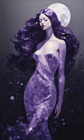 PURPLE PAPER"SIREN'S FULL BODY  Token,A shimmering ocean reflecting moonlight, with a celestial motif and silver dust lingering. The soft hum of the night whispers, as if the moon itself mourns their victims"" neo-expressionist oil paint, centred, half shot posing portrait by hajime sorayama