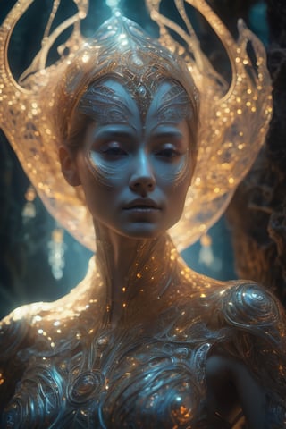 a spectral extraterrestrial woman with a (translucent appearance:1.3), Her form is barely tangible, with a soft glow emanating from her gentle contours, The surroundings subtly distort through her ethereal presence, casting a dreamlike ambiance, veils fluttering in the wind, fantasy LUT, (((dappled sunlight)), hyperdetailed intricately, deep color, fantastical, intricate detail, splash screen, complementary colors, 8k resolution, masterpiece, fantasy ,Movie Still