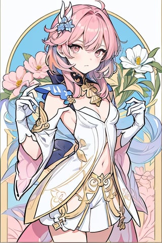 masterpiece, best quality, 1girl, flowers, flat color, lineart, abstract, ornate, ((gold and blue theme)), rond shape border, Eula Genshin, (((pink hair))),