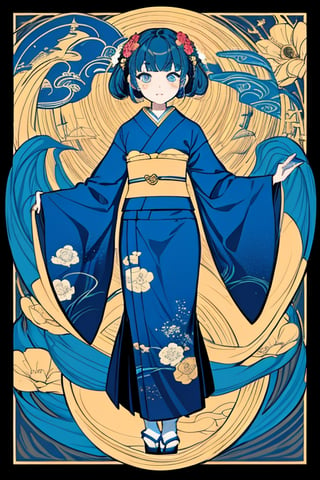masterpiece, best quality, 1girl, flowers, flat color, lineart, full body, (abstract), ornate, japanese decorations, (((gold and blue theme))),