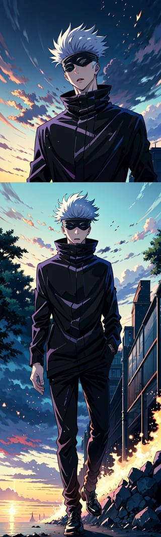 1 boy, Gojo Satoru, full body, black jacket, blindfolded, Jujutsu kaisen, mix of fantasy and realism, special effects, fantasy, ultra hd, hdr, 4k