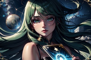 dark green long hair girl expressionless front green eyes
,cloudstick,Circle,divination,Sachikos card,women's evening gown,constellation