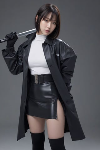 white marble background with reflections, woman holding a sword with her right hand, the sword passes behind the woman, left hand extended with the palm open, she is wearing a latex raincoat, half white, half black, cinched with a black and white belt, latex stockings up to mid-thigh, skirt opening, trench coat with short sleeves and wearing apretados latex gloves all over her arm. straight hairstyle black hair with bangs, , , , , ,xuer ai yazawa style girl,techwear jacket,black gloves,tactical ve,Samurai girl, , , ( lighting, dim lighting:1.2), simple background, LIGHT background, ,jisoo, , , 
, photorealistic:1.3, best quality, masterpiece,MikieHara