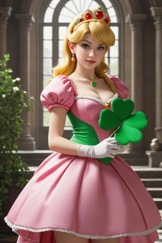 Super mario gives (a large shamrock) to princess peach, princess peach feels surprise,  super mario theme,
photorealistic:1.3, best quality, masterpiece,MikieHara