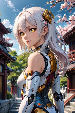 masterpiece, best quality, 1girl, yellow eyes, Beautiful face, delicate eyes, smile, long hair, white hair, tree, stairs, standing, sky, cherry blossoms, temple, looking at viewer, upper body, from below, looking back, ((Mecha)), young girl, perfect body,  Cyberpunk, CyberMechaGirl
,photorealistic:1.3, best quality, masterpiece,MikieHara