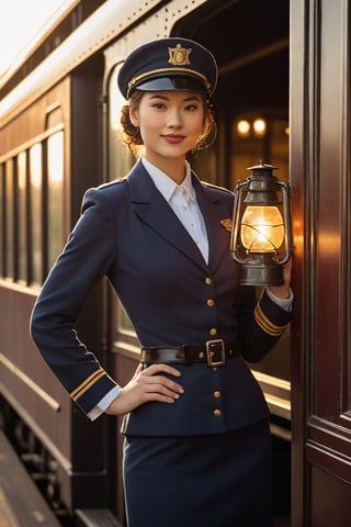 Shot of a young woman in her early twenties, dressed in a fitted train conductor uniform, showcasing her curves and confidence. She stands at the front of a vintage-style train car, one hand holding a lantern, the other on her hip. The soft glow of evening sunlight casts a warm ambiance, highlighting her bright smile and sparkling eyes. The composition is framed to emphasize her physique, with the train's wooden paneling serving as a subtle backdrop.
,photorealistic:1.3, best quality, masterpiece,MikieHara,