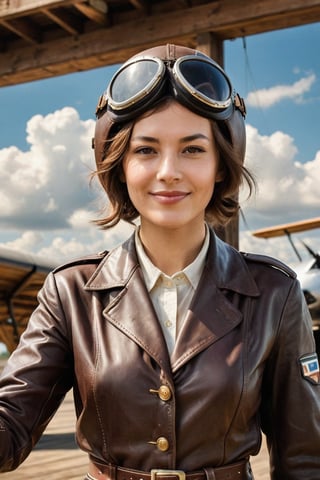 A vintage aviatrix from the early 20th century, radiant with charm and beauty, dons a leather flying helmet as she gives a ((thumbs-up)) to the camera lens, her expression confident and daring, against a backdrop of clouds or a hangar's wooden beams, sunlight casting warm highlights on her face and shoulders.
,photorealistic:1.3, best quality, masterpiece,MikieHara,