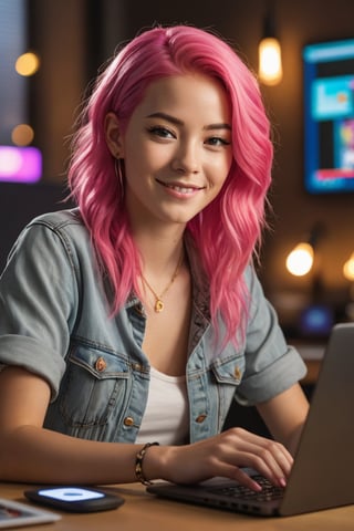 A close-up shot of a young woman with bright pink hair and a warm smile sits in front of a sleek laptop, her fingers deftly navigating the mousepad as she crafts AI-generated graphics on a vibrant digital canvas. Soft, golden light illuminates her features, highlighting the excitement in her eyes as she brings her creative vision to life.
,photorealistic:1.3, best quality, masterpiece,MikieHara,