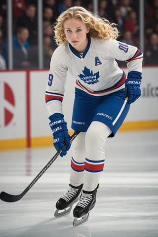 A young woman with bright blue eyes and curly blonde hair, wearing a crisp white jersey and matching hockey pants, skates across the rink's icy surface. She effortlessly glides past opponents, stickhandling with ease as the puck flies towards her waiting stick. The arena's lights cast a warm glow on her determined face, highlighting the competitive fire burning within.
,photorealistic:1.3, best quality, masterpiece,MikieHara,