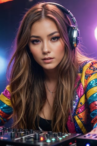 A close-up shot of a stunning young DJ girl, dressed in a bold, bright outfit with flashing lights and colorful patterns, her long hair bouncing to the beat as she spins tracks on her turntables. She's lost in the music, her eyes closed, lips pursed, and tongue tracing the edge of her cheek, surrounded by pulsating disco lights and fog machines creating a mesmerizing atmosphere.
,photorealistic:1.3, best quality, masterpiece,MikieHara,