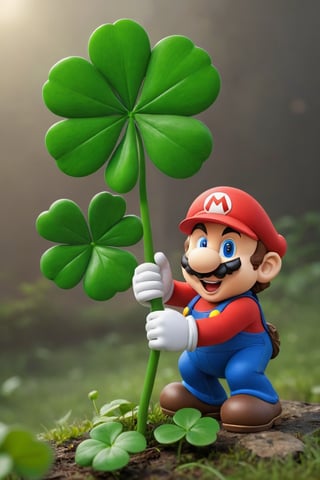 A super mario is picking up a shamrock, 
photorealistic:1.3, best quality, masterpiece,MikieHara