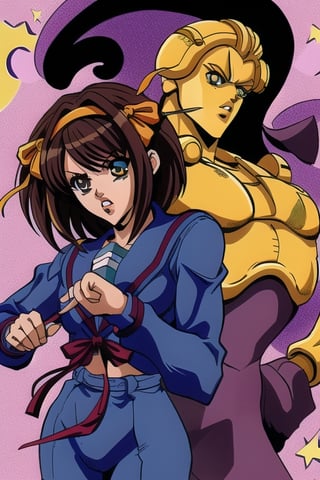 jojo stand,haruhi suzumiya wearing school uniform, figthing pose jojo pose