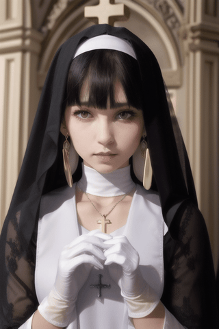 1girl,cross,jewelry,solo,earrings,praying,necklace,gloves,white gloves,short hair,upper body,latin cross,bangs,cross necklace,white hair,looking at viewer,closed mouth,nun,cross earrings,habit,veil,blunt bangs,long sleeves, hide hands