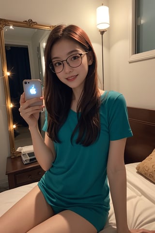  ((very grainy low resolution:1.2)) iphone mirror selfie redhead long flowing hair, woman holding iphone pro bedroom at night, cluttered, messy, ((petite)) slight smile, wearing glasses sitting, (soft lighting, fairy string lights,), low key dark lighting,
