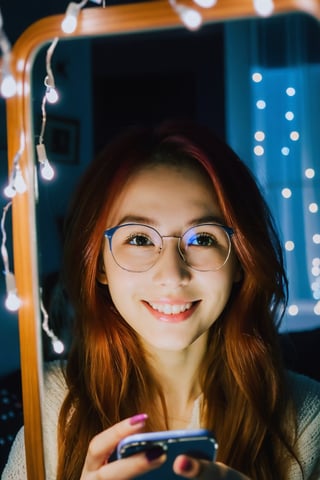  ((very grainy low resolution:1.2)) iphone mirror selfie redhead long flowing hair, woman holding iphone pro bedroom at night, cluttered, messy, ((petite)) slight smile, wearing glasses sitting, (soft lighting, fairy string lights,), low key dark lighting,

