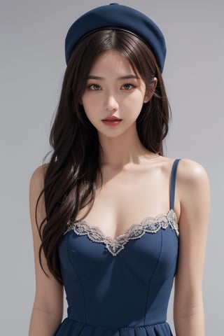 1girl, solo, gloves, dress, long hair, elbow gloves, blue dress, looking at viewer, brown eyes, brown hair, blue gloves, lips, bare shoulders, realistic, upper body, parted lips, black hair, collarbone, hat, grey background