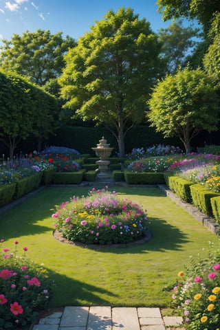 a beautiful flower garden, A garden filled with a vibrant display of colorful flowers. The sun is gently warming the scene, and there's a soft breeze rustling through the petals. 1,