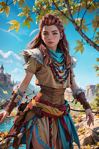 (masterpiece, best quality)1girl, AloyHorizon, solo, long hair, brown hair, brown eyes, jewelry, closed mouth, standing, upper body, weapon, braid, cowboy shot, outdoors, sky, red hair, day, necklace, tree, blue sky, lips, looking to the side, fur trim, leaf, feathers, realistic, nose, branch, autumn leaves, tribal, multiple braids, sexy poses 