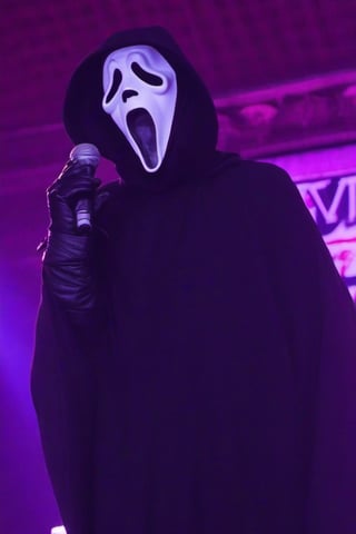 Ghostface, solo, open mouth, neon background, gloves, 1boy, male, black gloves, hood, mask, hood up, black border, black boots, on stage, audience, singing, mic in hand, full_body, 