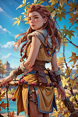 (masterpiece, best quality)1girl, AloyHorizon, solo, long hair, brown hair, brown eyes, jewelry, closed weapon, braid, cowboy shot, outdoors, sky, red hair, day, necklace, tree, blue sky, lips, looking to the side, fur trim, leaf, feathers, realistic, branch, autumn leaves, tribal, multiple braids, sexy poses 