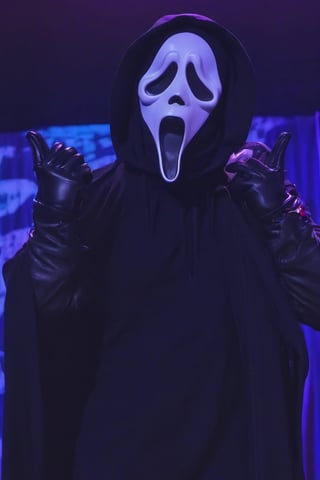 Ghostface, solo, open mouth, neon background, gloves, 1boy, male, black gloves, hood, mask, hood up, black border, black boots, on stage, audience, singing, mic in hand, full_body, 