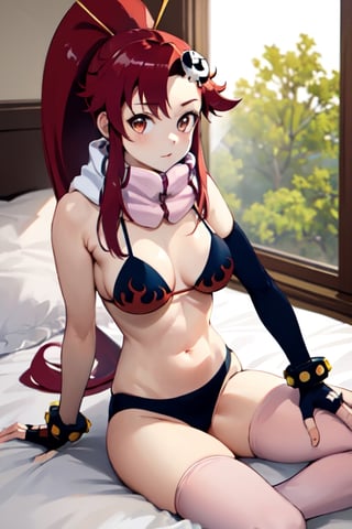 masterpiece, best quality, highres, yl1, ponytail, scarf, bikini only, midriff, fingerless gloves, skull hair ornament, elbow gloves, pink thighhighs, on bed, sitting_down,Yoko Littner, 