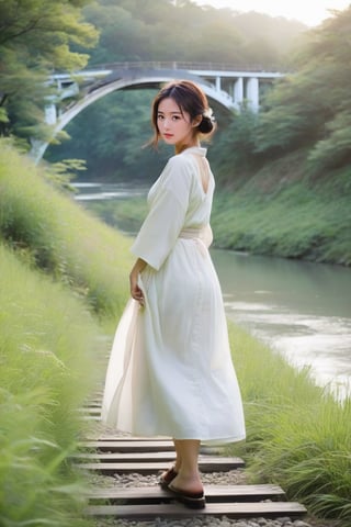 To incorporate the additional details into your digital art prompt of a fresh and beautiful Japanese girl on a grassy field, consider the following:

Picture an enchanting Japanese girl with a gentle demeanor walking upon a verdant meadow, her steps light and carefree. The backdrop to this serene scene is a meandering river that reflects the hues of the sky above. Spanning the river behind her is a classic Japanese railway bridge, its sturdy structure crafted with traditional architectural elegance. The peaceful rumble of a distant train crossing aligns harmoniously with the natural setting. The morning sun illuminates the scene, casting a spell of early daylight serenity and enhancing the girl's youthful beauty with a soft radiance.