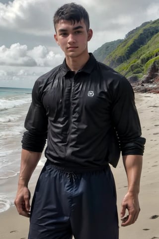 25 years old, 165cm, 65kg,handsome, looking-at-viewer, beach_pants, beach,ocean, wet_clothes,wet_skin,((open_clothing)),shirt_only