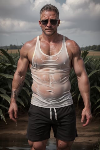 ((realistic)) ,55 years old, 185cm, 45kg, 10% body fats, handsome, man ,( tan_body), sunglasses, ((sweating)), farm, farmer, outdoor, (white tank_top), shorts, dark_skin, mature, corn filed , tattoo on the right arm, body_hair, furry, wet_clothes,chubby