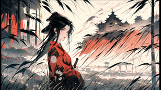 masterpiece,highres, ultra detailed,panorama ,Chinese ink painting,ink wash painting,  a beautiful girl wearing a cheongsam holding a sword and standing in front of the defensive wall of a ancient castle, The general atmosphere is mildly sad but peaceful,brick wall, sunset light in the distance(1 girl, solo, black-hair,long hair,red_eyes, perfecteyes, beautiful detailed eyes,beartiful detailed hands, shoushou ,beautiful detailed fingers, only five finger, Chinese traditional clothing:1.3), sword,weapen, beautiful detailed castle, brick wall, (castle:1.4) , , ,yuzu, perfecteyes,1 girl,Chinese ink painting
