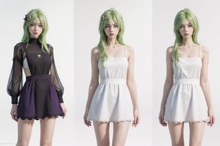 collei, full height, long legs, good anatomy, multiple views of the same character, best quality, 1girl, light green hair, purple eyes, sharp eyes, (simple background, white background:1.3), photorealistic