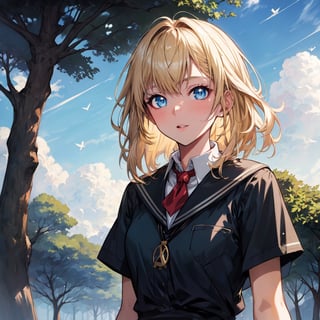 masterpiece, best quality, highres, (anime style:1.24), (1girl), blonde hair, blue eyes, sharp face feature, school attire, day, sky, green landscape, tree, 4k, pixiv, highest quality, perfect, upper_body, midjourney,studio ghibli, artgerm, greg rutkowski