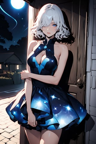 ((masterpiece, best quality, highres:1.2)), ((extremely detailed illustration:1.1)), perfect face, niji6,8k, eternum style, ((2.5D)), [cinematic, ultra-detailed], highly aesthetic, 1girl, white hair, short hair, wavy curly hair, ((hair over one eye:1.1)), blue eyes, ((at front door)), ((galaxy dress:1.1)), bare shoulder, voloptuous body, ((hands down)), night_sky, moon, door, ((cowboy shot)), :0, road, houses background, high sharpness, vibrant, high contrast, shadow, cleavage, hdr
,more detail XL