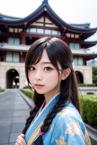 A beautiful black-haired Japanese elementary school girl stands confidently in front of the imposing National Diet Building in Tokyo, her gaze fixed straight ahead, as if looking directly at the viewer.  Her long, flowing hair, styled in elegant braids adorned with holographic hair clips, cascades down her back. She wears a modern kimono, its fabric shimmering with iridescent hues, a fusion of ancient tradition and futuristic technology. Her eyes, filled with a sense of determination and hope, reflect the grandeur of the building and the promise of a bright future. The scene is rendered in high resolution and with the highest image quality, creating a realistic and captivating depiction of a young girl standing at the crossroads of tradition and innovation, her presence a symbol of the future of Japan. The image exudes a sense of power and possibility, blending the solidity of the past with the dynamism of the future. The camera angle is from the front, capturing her full face and the imposing facade of the National Diet Building behind her.