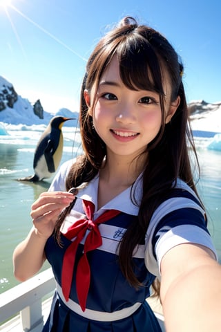 A beautiful elementary school girl with long, flowing black hair styled in elegant vertical rolls and captivating eyes embarks on an unforgettable adventure in the vast and icy landscapes of Antarctica. She wears a stylish elementary school girl uniform (either a sailor suit or a one-piece dress) that complements her youthful curiosity and resilience. The girl could be playing with penguins, having a snowball fight with friends, or simply marveling at the breathtaking beauty of the frozen continent. The scene is captured in high resolution and with the highest image quality, making it look realistic and as if it were a photograph.