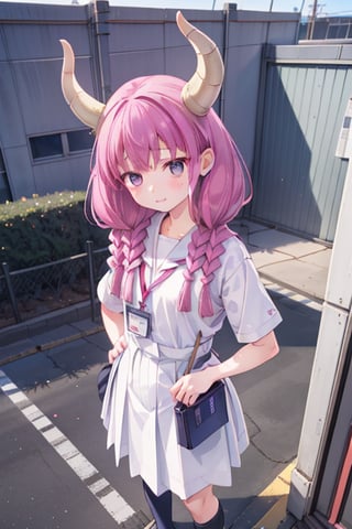 aaaura, braid, twin braids, horns, 

(Office worker clothes:1.3),

Create a photorealistic, ultra-high-resolution (8K) image of a young, petite 6-year-old Japanese girl with a gentle and kind expression. She should be wearing a nurse's uniform and standing on the rooftop of a school on a bright, sunny day.