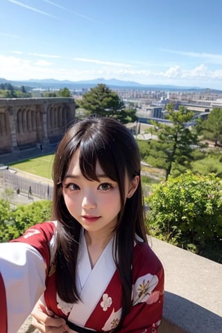A six-year-old Japanese girl with long black hair, wearing a traditional kimono, stands in front of a camera, facing forward. She is standing at the base of the Tower of Babel, its ancient stone structure reaching towards the sky. The girl's expression is one of awe and wonder, her eyes wide with curiosity. The lighting is soft and warm, casting long shadows from the tower.
