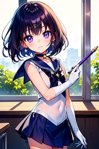  (A five-year-old girl:1.5),
 (Five years old:1.5),
 (infant:1.5),
 (little girl:1.5),
A beautiful and detailed illustration of a 6-year-old Japanese schoolgirl in a classroom setting, incorporating Sailor Saturn elements. She has short purple hair, purple eyes, and is wearing a magical girl outfit with a sailor senshi uniform, miniskirt, purple sailor collar, white gloves, circlet, brooch, choker, earrings, gloves, jewelry, and a star choker. The image should be in a high-quality, 8k resolution, with perfect lighting, extremely detailed CG, and perfect hands and anatomy. The girl should be looking at the viewer in a cowboy shot, with a natural light source and a school background. 